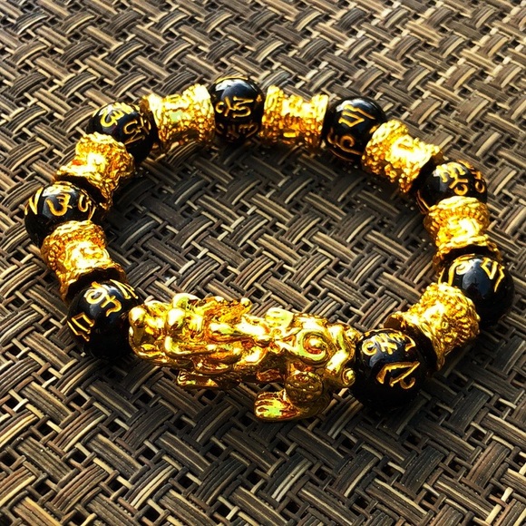 zen Jewelry - Pixiu2 Good Fortune Black & Gold Unisex Bracelet